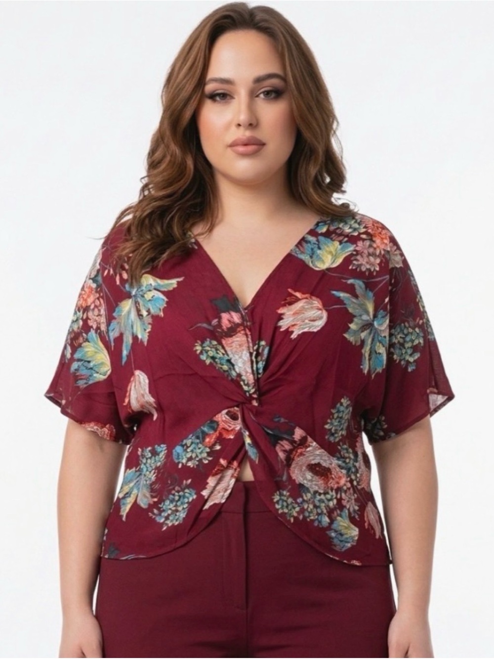 Umgee Burgundy Floral Twist-Front V-Neck Blouse